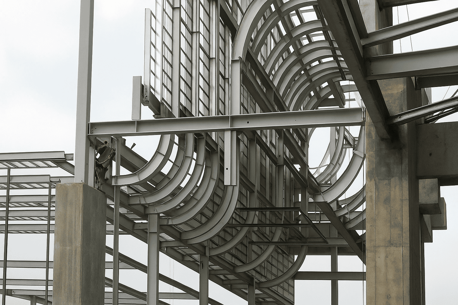 Tubería metálica industrial en construcción moderna, estructura de acero y vidrio, tecnología avanzada, arquitectura innovadora.