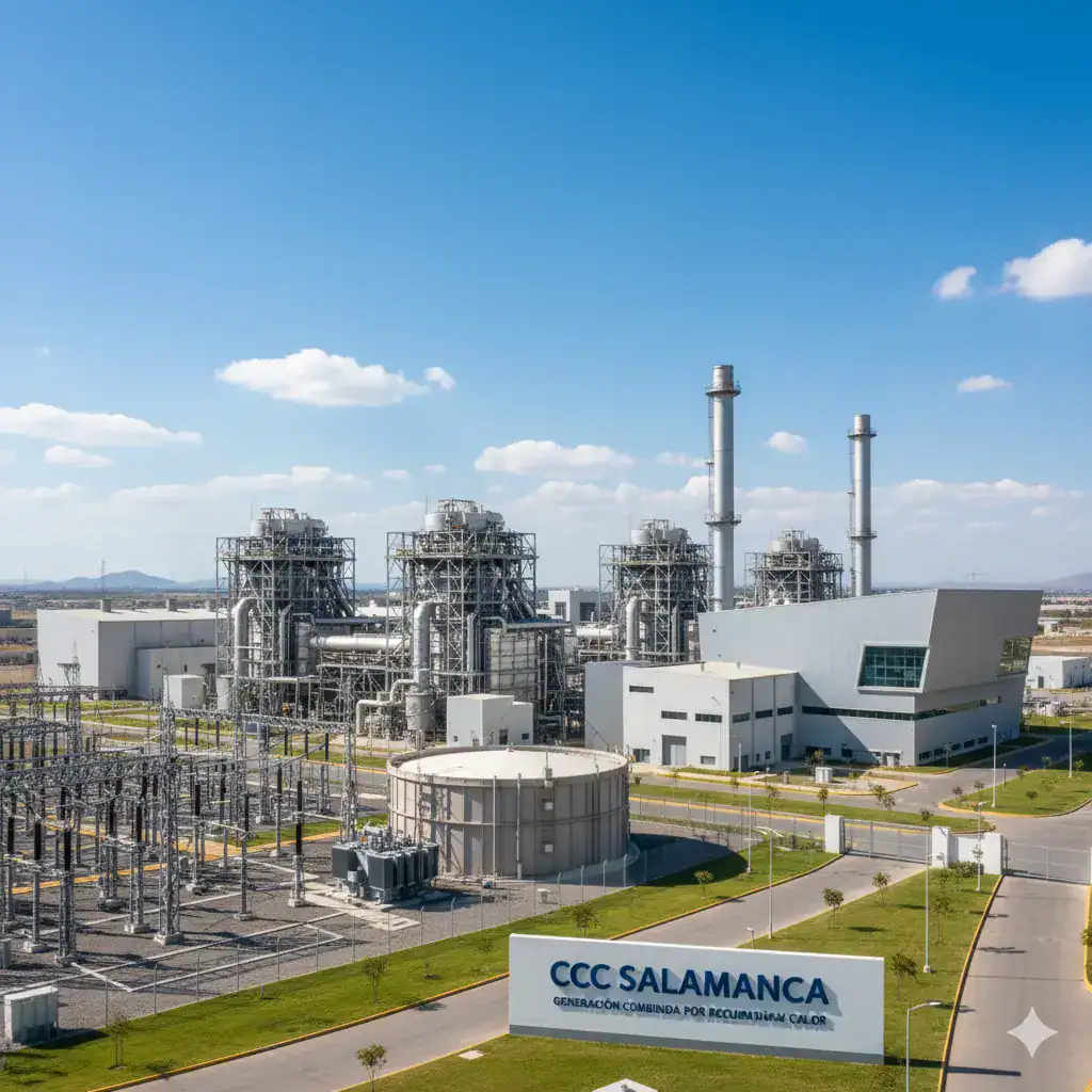 Vista general de la Central de Ciclo Combinado CCC Salamanca, proyecto de generación de energía con infraestructura de red eléctrica industrial y sistemas de canalización certificados.