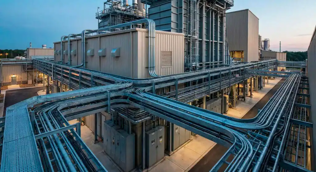 Estructura industrial del proyecto CCC Salamanca con sistemas de soportería y canalización para cableado eléctrico, ejemplo de infraestructura robusta para redes eléctricas industriales.