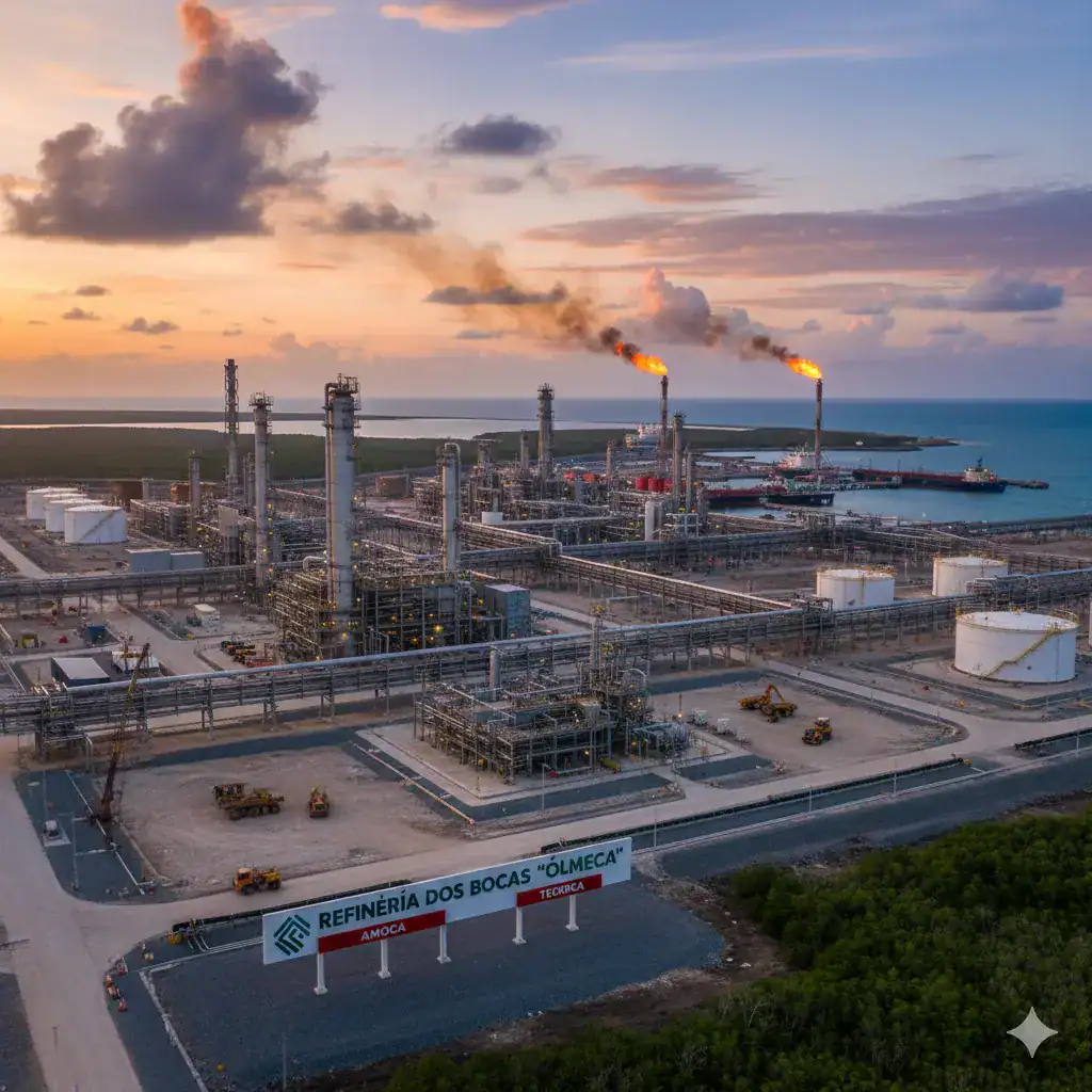 Instalación industrial en la refinería Dos Bocas con sistemas de canalización eléctrica y charolas portacables en fibra de vidrio diseñados para operar en ambientes corrosivos y de alta exigencia.