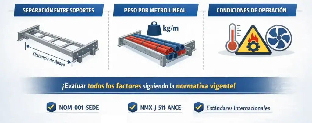 capacidad-carga-charola-tipo-escalera Infografía sobre capacidad de carga en charolas tipo escalera, considerando separación entre soportes, peso por metro lineal y condiciones de operación.