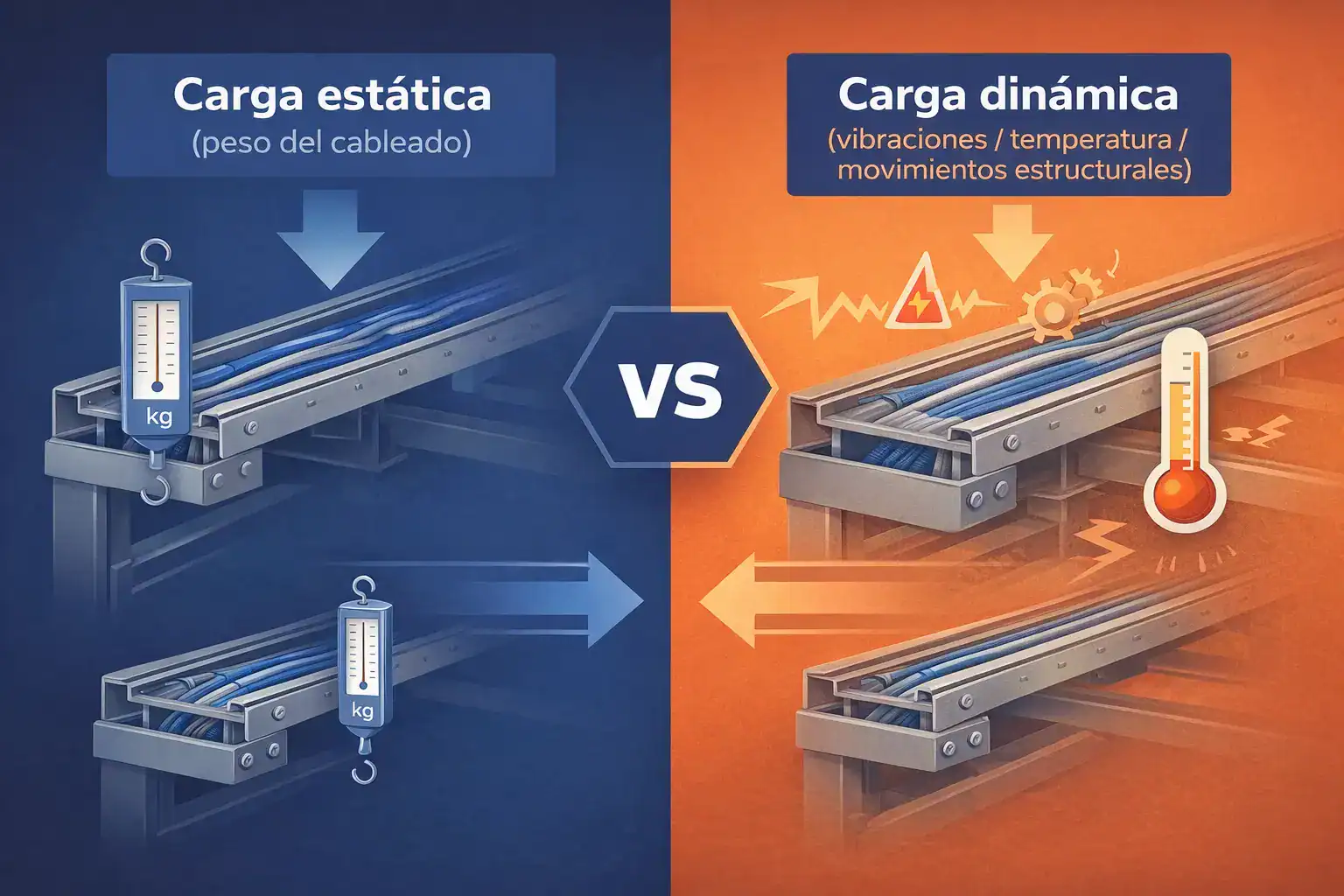 cargas-estaticas-vs-dinamicas-portacables Infografía técnica que compara las cargas estáticas del cableado con las cargas dinámicas generadas por vibraciones, temperatura y movimientos estructurales.