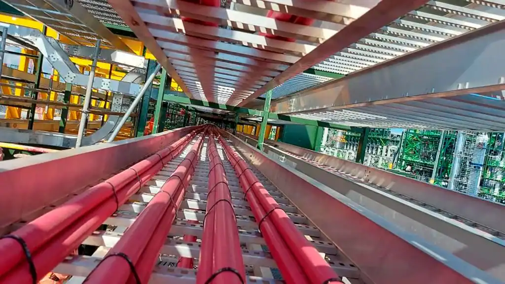 Canalización de cables mediante charolas eléctricas en un proyecto industrial, diseñada para mantener orden, soporte estructural y confiabilidad en instalaciones eléctricas de gran escala.