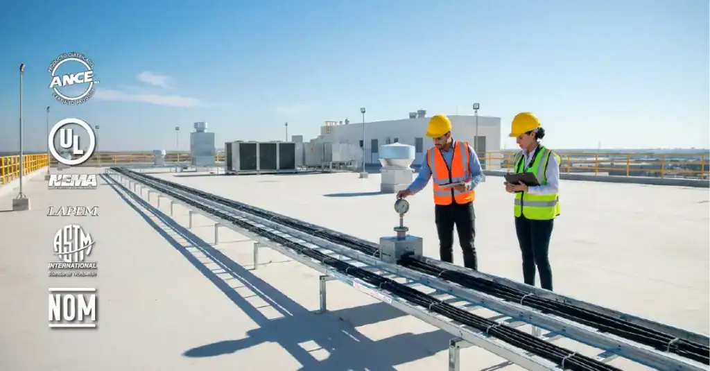 Ingenieros revisan un sistema de charolas portacables en una instalación eléctrica industrial con certificaciones UL, NOM, ANCE, NEMA y LAPEM que garantizan seguridad y cumplimiento normativo.