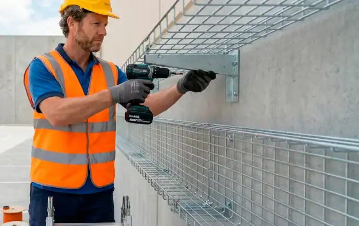 Técnico instalando cableado en una charola portacables tipo escalera dentro de una instalación eléctrica industrial.