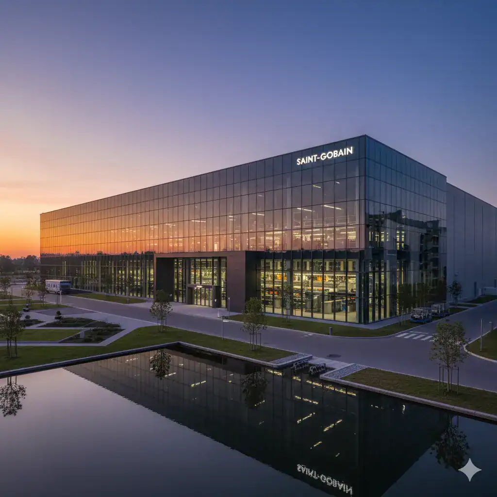 planta-industrial-saint-gobain-cuautla Vista exterior de la planta industrial Saint-Gobain en Cuautla, instalación de alta tecnología dedicada a la producción de vidrio con control térmico y solar.