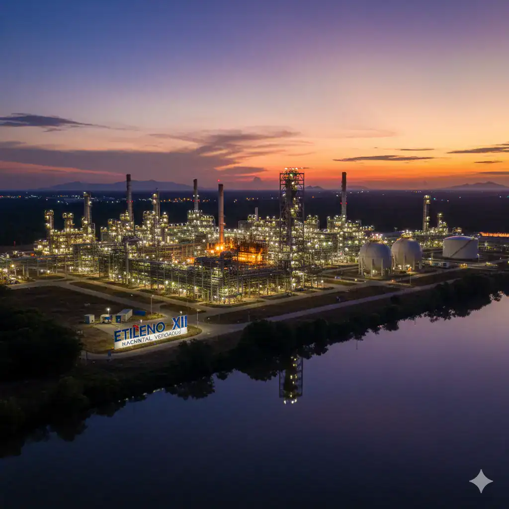 planta-petroquimica-entorno-industrial-nocturno Planta petroquímica en operación durante la noche, representando entornos industriales complejos con alta exposición a agentes corrosivos.