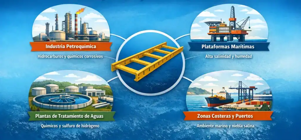sectores-industriales-fibra-vidrio-aplicaciones Infografía de sectores industriales donde la fibra de vidrio es clave, incluyendo petroquímica, offshore, tratamiento de agua y zonas costeras.