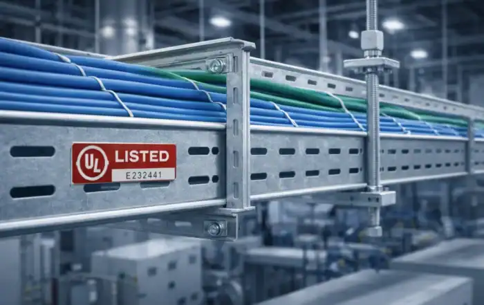 Sistema de charolas eléctricas con certificación UL Listed en entorno industrial, diseñado para garantizar seguridad y cumplimiento en instalaciones eléctricas.