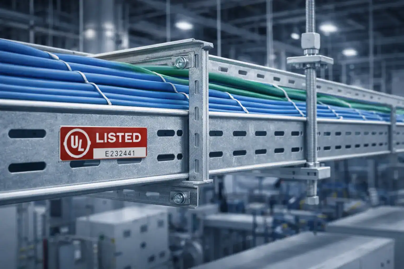 Sistema de charolas eléctricas con certificación UL Listed en entorno industrial, diseñado para garantizar seguridad y cumplimiento en instalaciones eléctricas.