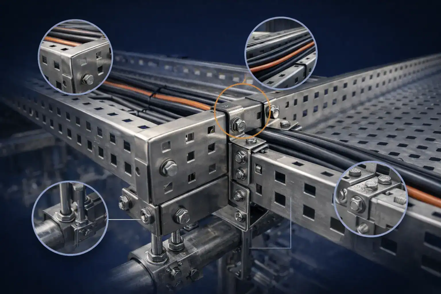 Detalle de charola inoxidable con soportes, uniones y fijaciones, mostrando cómo el sistema completo influye en la protección del acero contra la corrosión en instalaciones industriales.