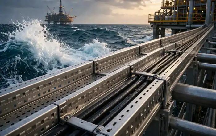 Charolas de acero inoxidable en entorno marino con alta exposición a salinidad, diseñadas para proteger el cableado eléctrico frente a la corrosión y condiciones offshore exigentes.