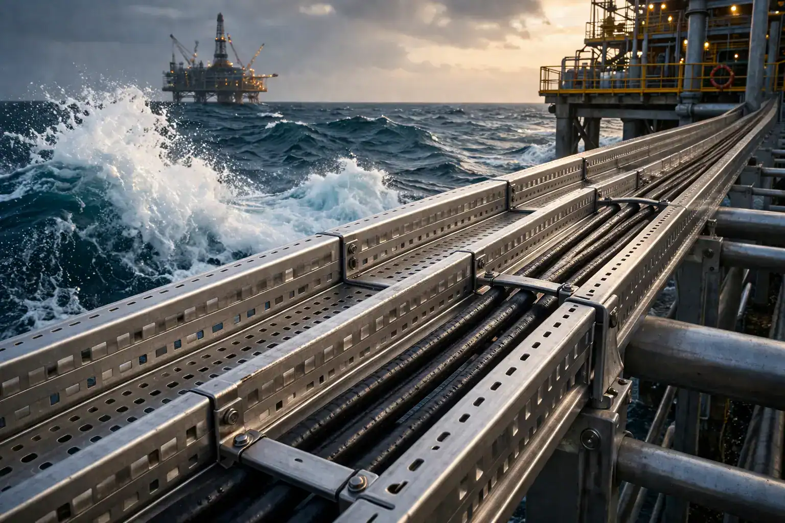 Charolas de acero inoxidable en entorno marino con alta exposición a salinidad, diseñadas para proteger el cableado eléctrico frente a la corrosión y condiciones offshore exigentes.