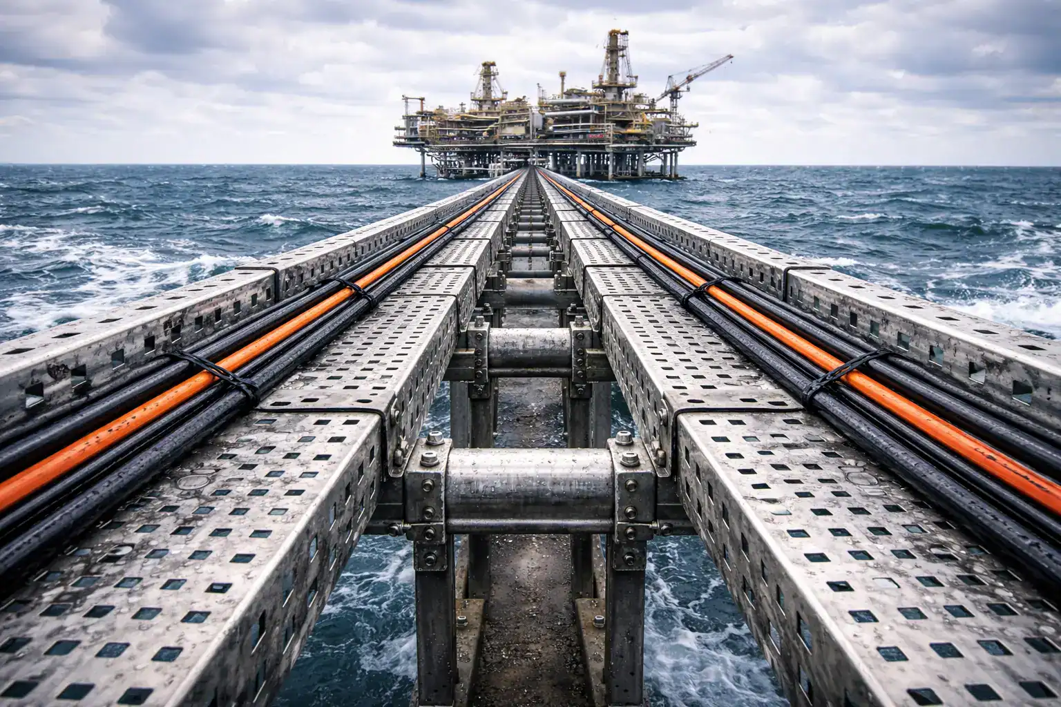 Charolas de acero inoxidable instaladas en plataforma offshore, mostrando cómo aislar cables eléctricos del agua en ambientes marinos con sistemas de canalización resistentes a la corrosión.