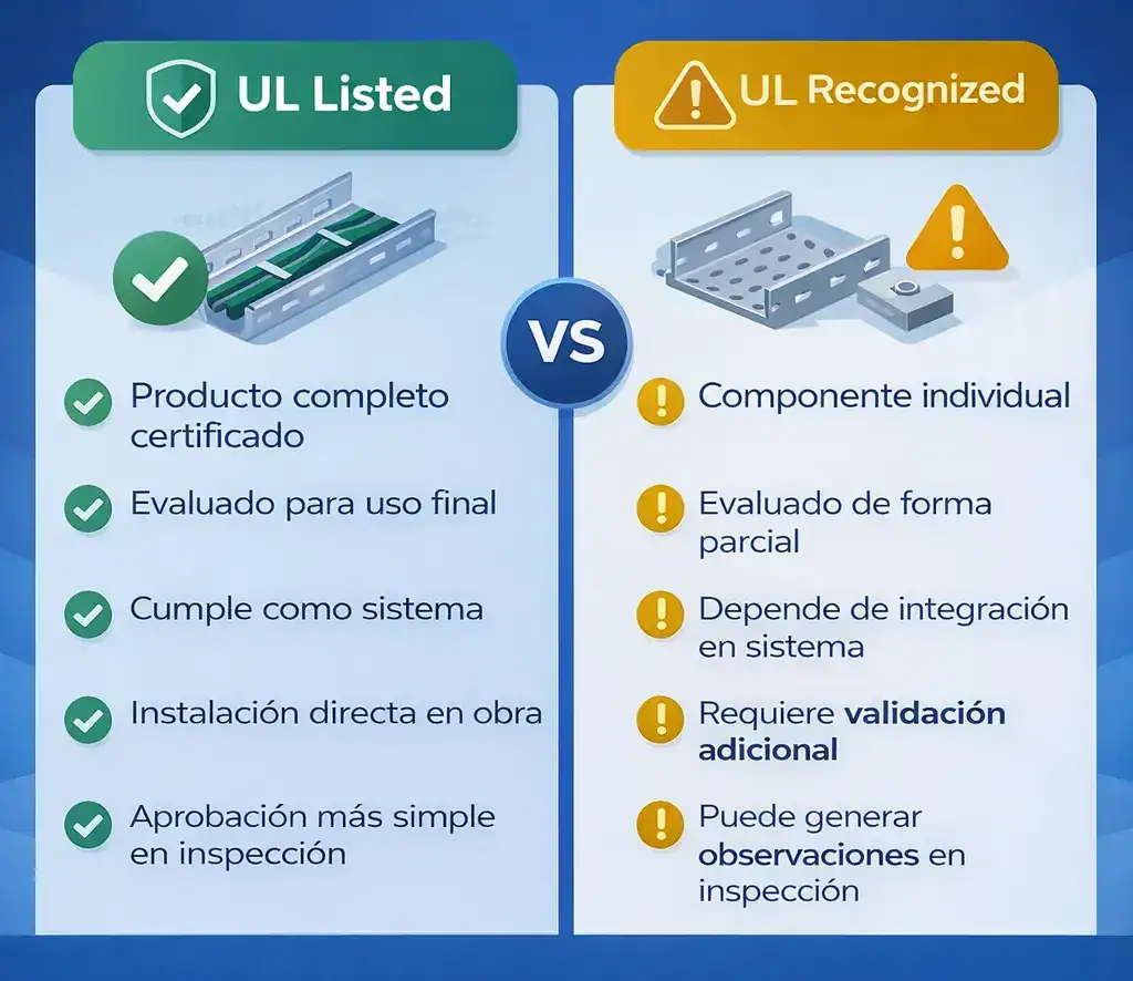 Comparativa entre UL Listed y UL Recognized que explica las diferencias clave en certificación, aplicación en obra y validación de sistemas eléctricos.
